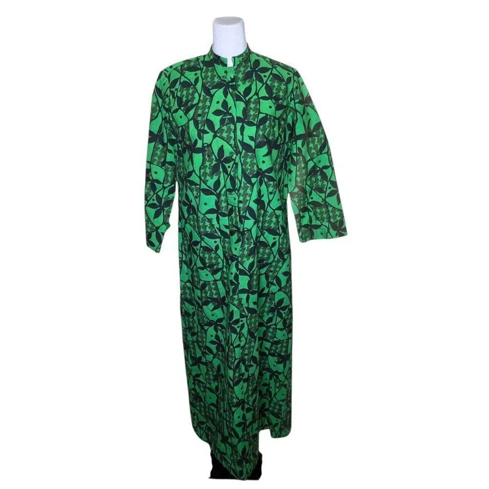 Vintage 60s Long Sleeve Maxi Hostess Dress Womens Size L Green Black Barkcloth